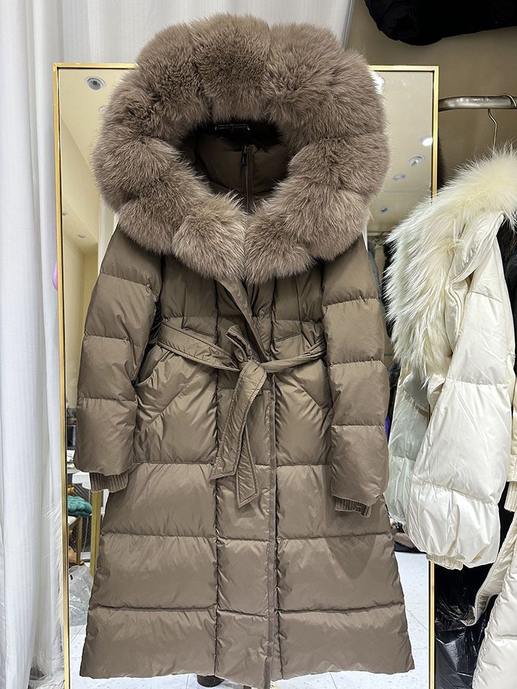 Fox Fur Large Collar Down Jacket With Hood And Long Style For Winter, Slim Waist And Knee Length Thickened Women's Coat_voghion.com