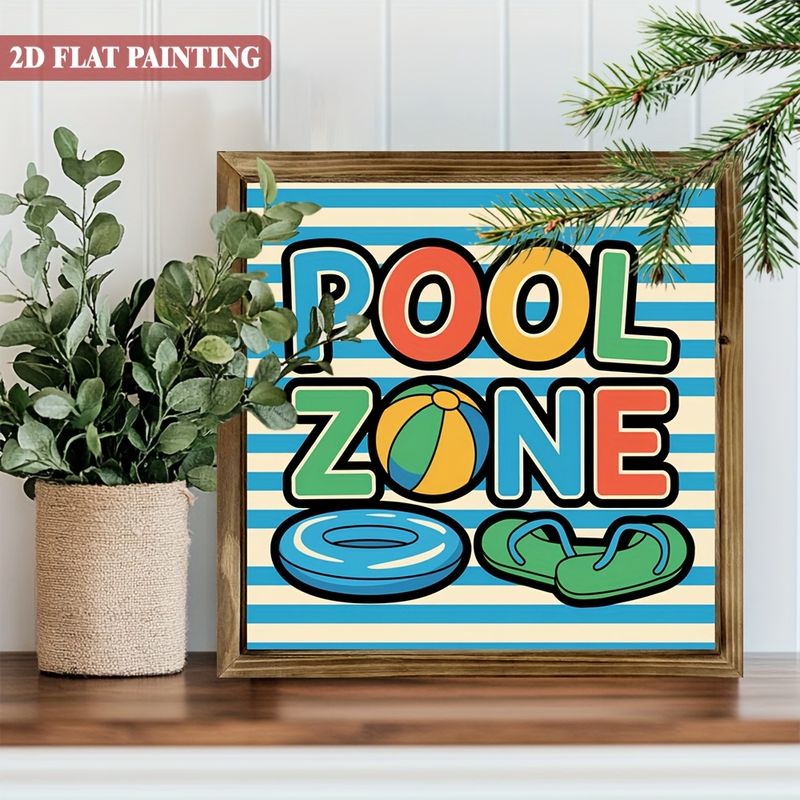 Rustikt træskilt med 'Pool Zone' - 20x20 cm livlig sommerdekoration med badetøj og klipklappere. Perfekt til verandaen, haven eller som sæsongave._voghion.com