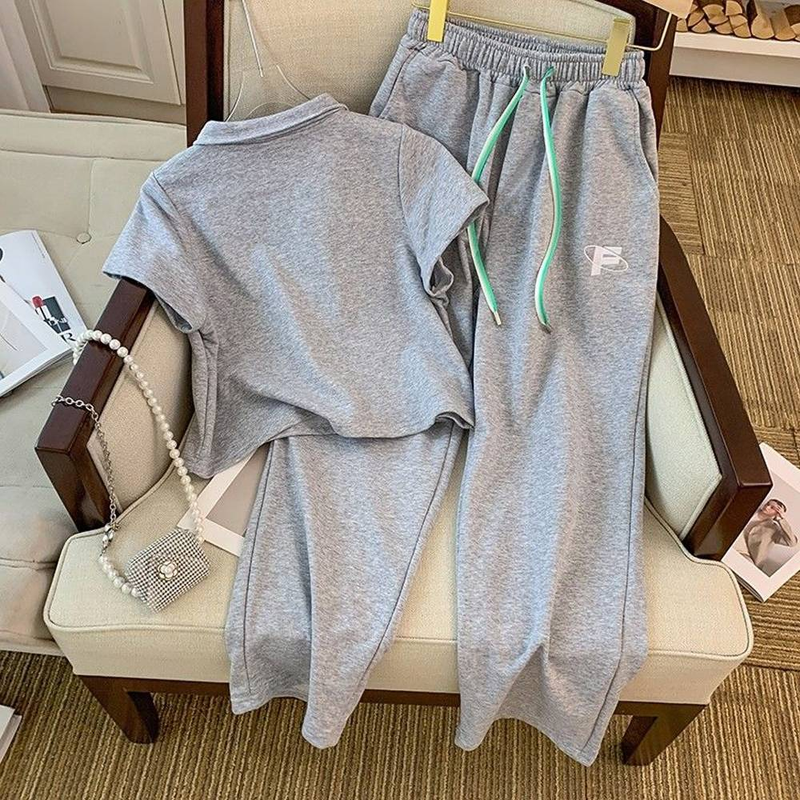 Women's Clothing polo collar short sleeved short top wide leg trousers small fragrant wind two-piece set_voghion.com