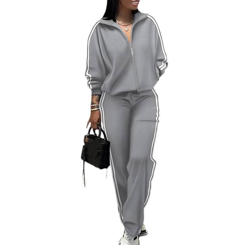 Dametøj revers stribet lynlås Drop skulder sweater bukser sæt todelt sæt_voghion.com