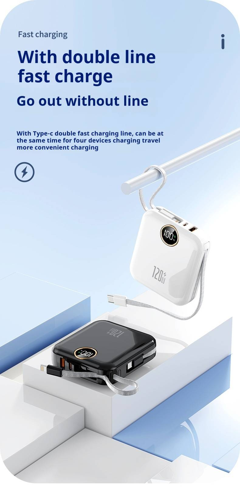 10000mAh Power Bank With Built-in Cable - 120W Super Fast Charging, Portable & High Capacity (Best Seller)_voghion.com