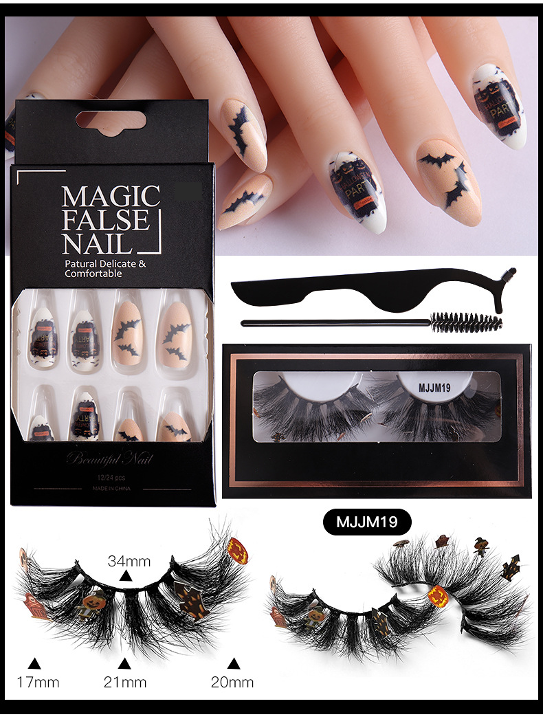 European And American Halloween Mink Faux Lashes & Nail Tips Combo Set With Application Tools_voghion.com