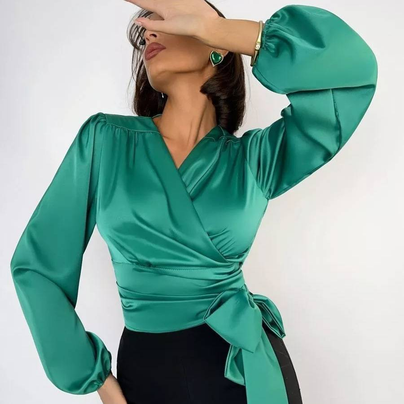 Satin Tie-Front Blouse For Women, Slim Fit V-Neck Long Sleeve Shirt With Adjustable Bow, Elegant Work & Evening Wear In Solid Colors_voghion.com