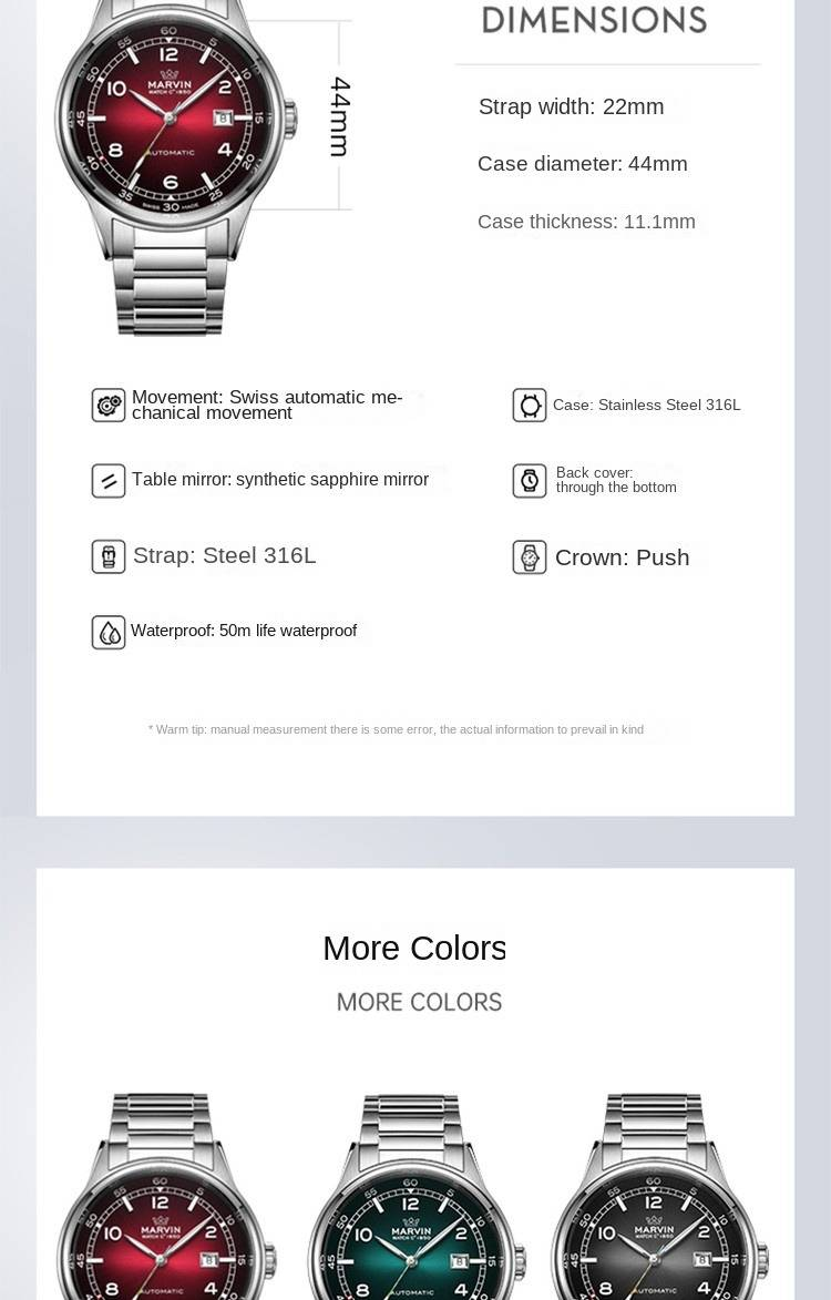 Schweizer automatische mechanische Marvin-Uhr: Stilvolle, leuchtende Freizeituhr für Herren_voghion.com