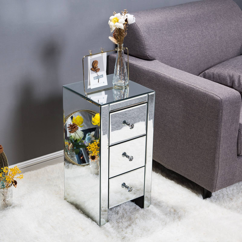 Table de chevet en verre miroir avec 3 tiroirs à boutons en cristal – Table de chevet argentée moderne pour une décoration de chambre glamour (taille S)_voghion.com