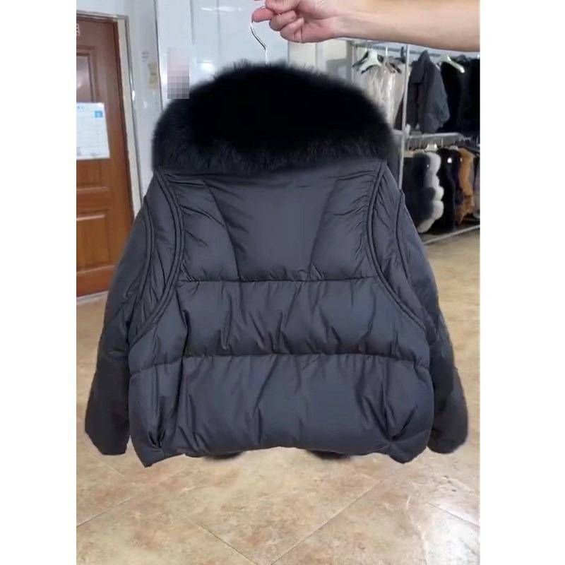 Women's Winter Fashion Coat With Detachable Faux Fur Collar – Stylish Loose Fit Thick Warm Jacket (Black/White)_voghion.com