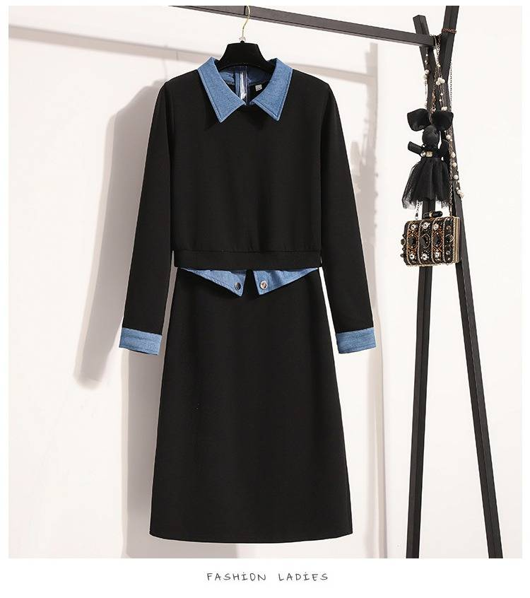 Plus Size Women's Casual Denim Patchwork Hoodie & Midi Skirt Set – Flattering & Stylish Two-Piece Outfit_voghion.com