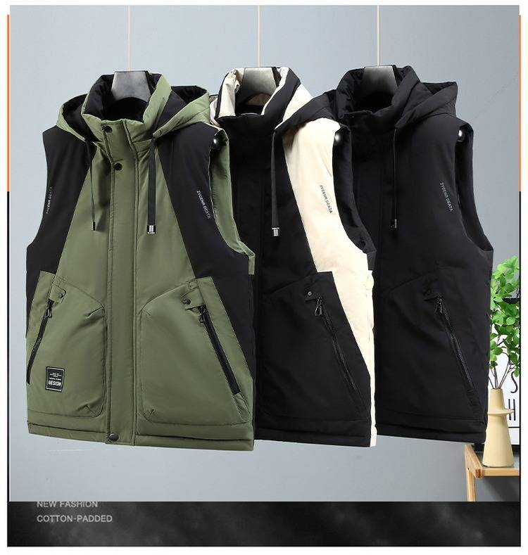 Herren-Steppweste in Übergröße mit Farbblock-Design, dicke ärmellose Winterjacke für die Freizeit (Schwarz, Militärgrün, Beige)_voghion.com