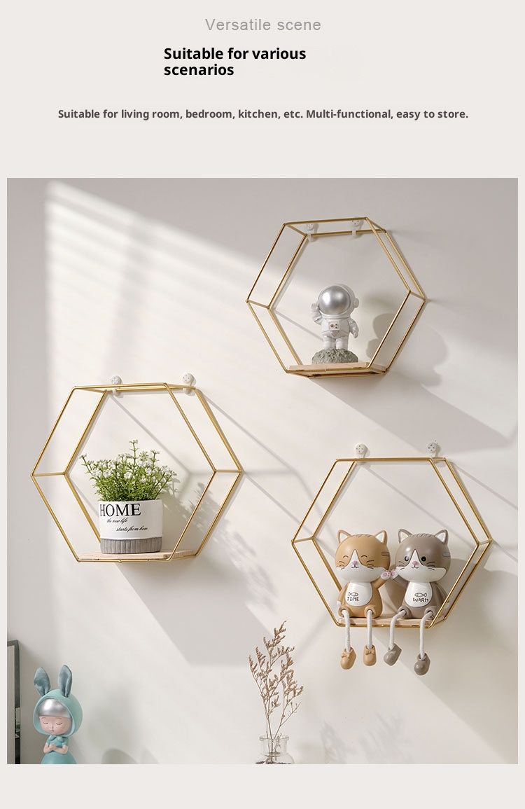 Sechseckiges Wandregal-Set mit 5 Stück – Rustikales Hängeregal aus Schmiedeeisen für Schlafzimmer, Wohnzimmer und Pflanzendekor, werkzeuglose Montage_voghion.com