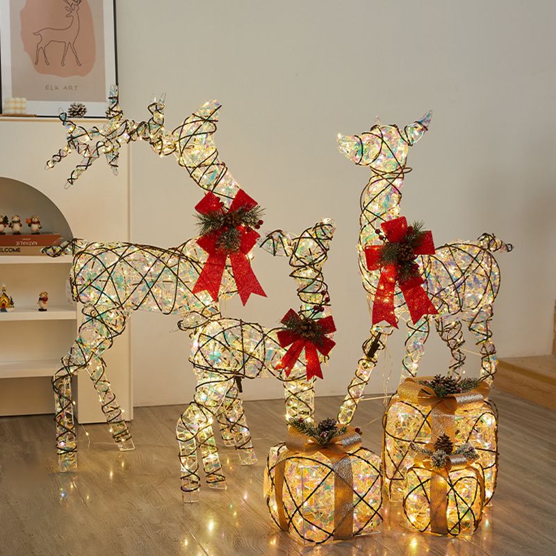 LED Christmas Reindeer Decor Set - Light Up Iron Wire Deer With Sleigh & Gift Box, Festive Tabletop & Window Display For Holiday Decor_voghion.com
