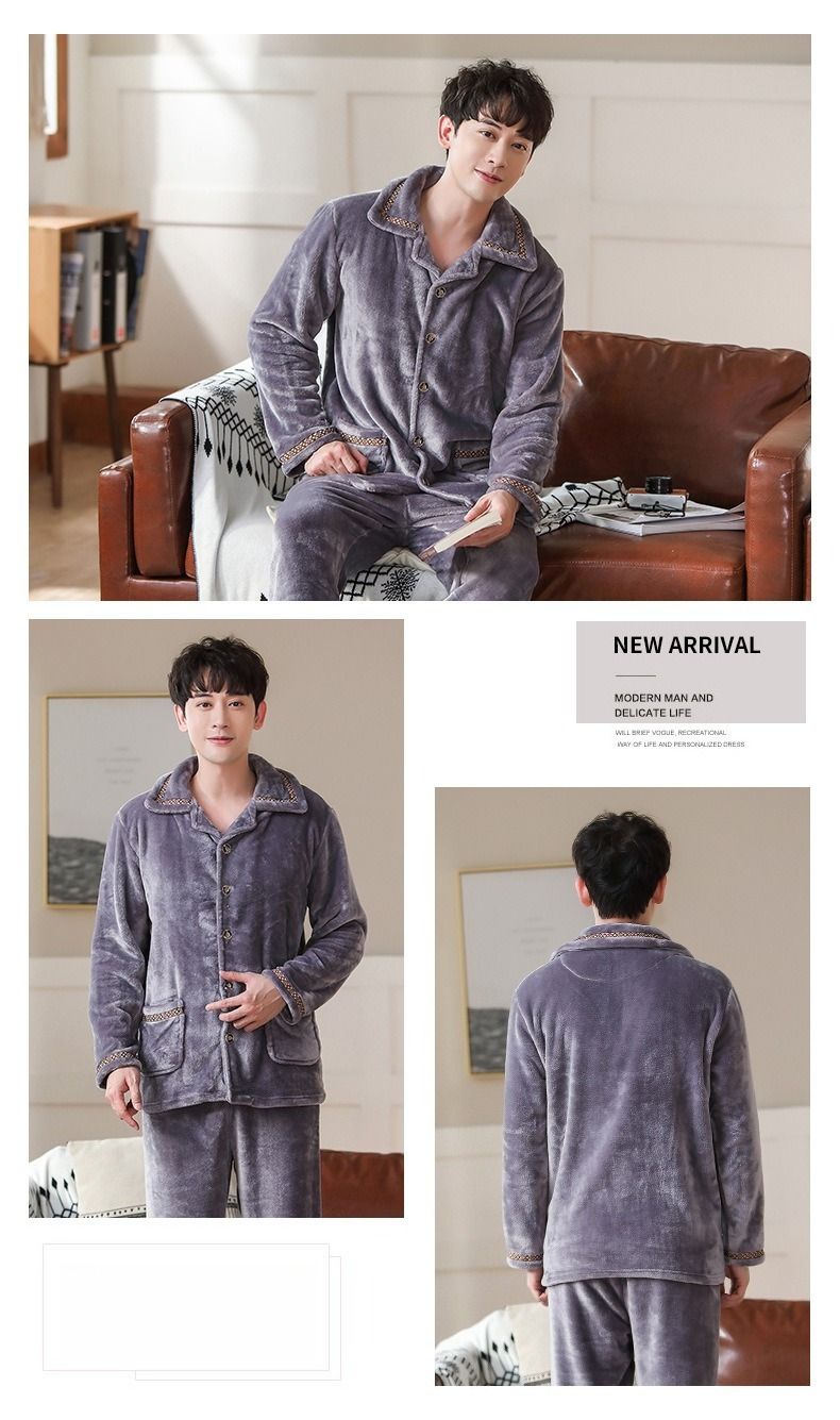 Autumn And Winter Thickened Flannel Pajamas Men's Youth Cardigan Long-sleeved Fleece Warm Coral Fleece Men's Suit Large Size_voghion.com