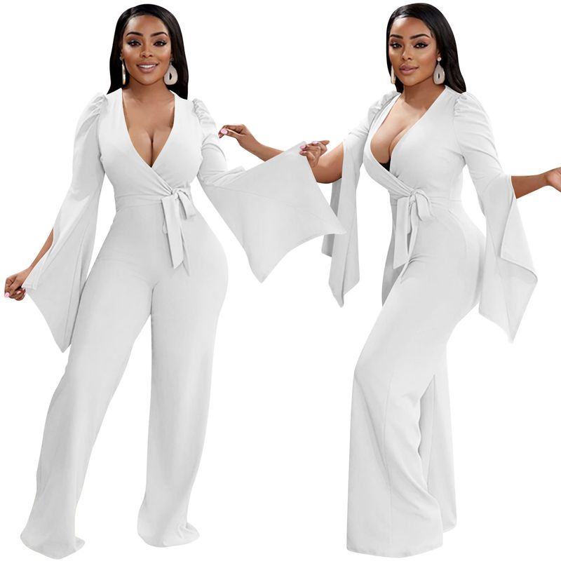 Dametøj nyt produkt ensfarvet sexet dyb V-rem plisseret brede ærmer lange bukser jumpsuit til kvinder_voghion.com