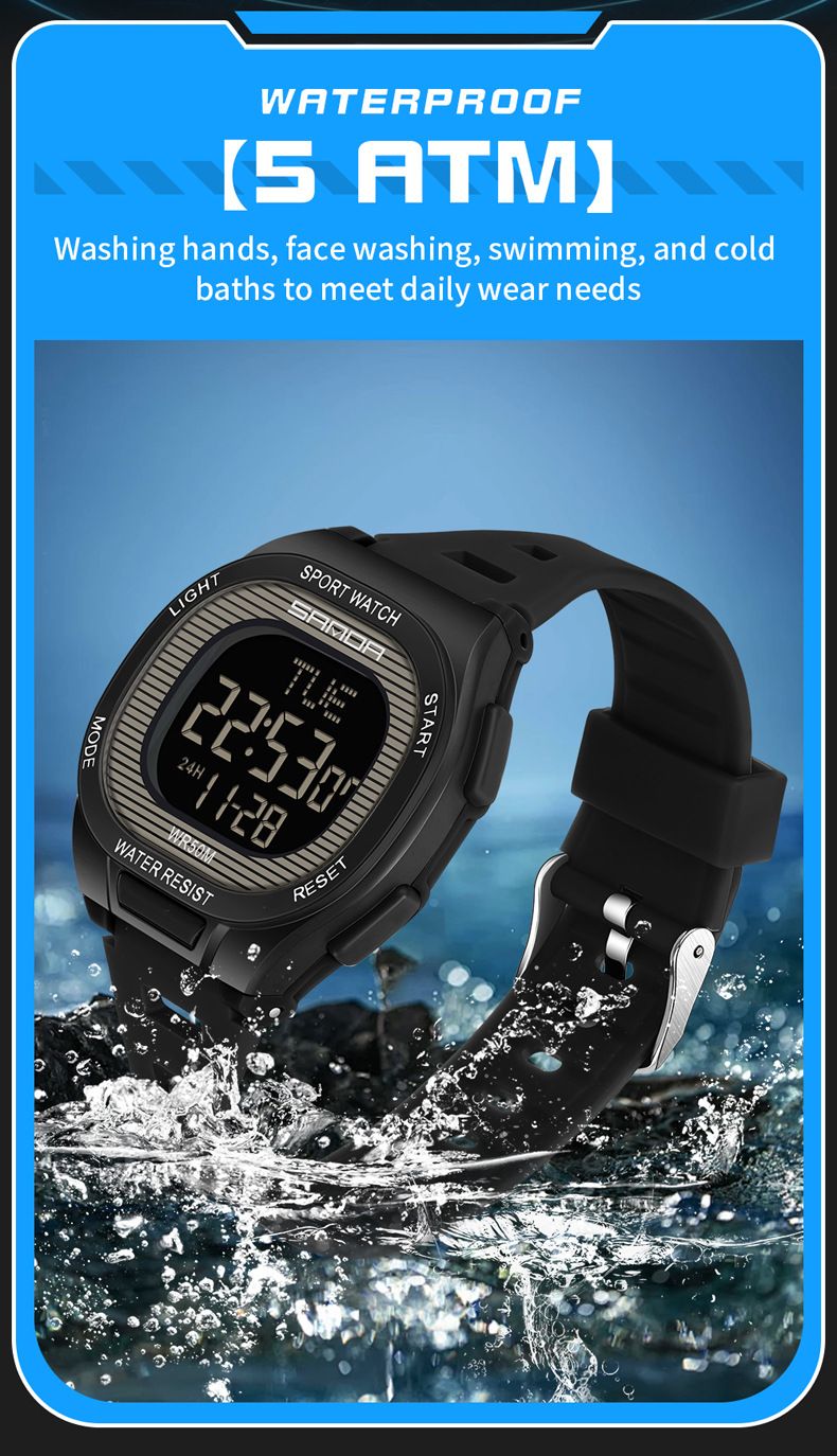 Digital Sports Watch With Alarm, Countdown, Snooze, Waterproof, Night Light For Students - Square Design, 50m Water Resistance_voghion.com