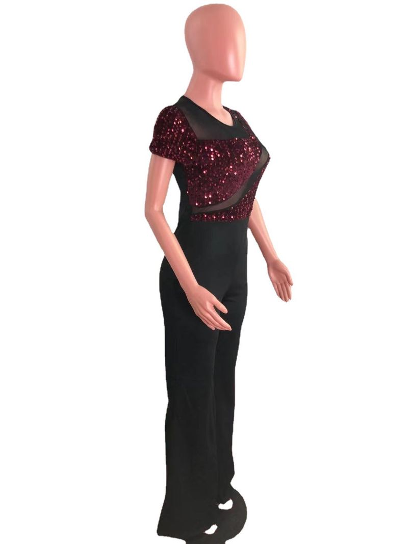 Women's Clothing Sequin Stitching Wide Leg Pants Short Sleeved Jumpsuit_voghion.com