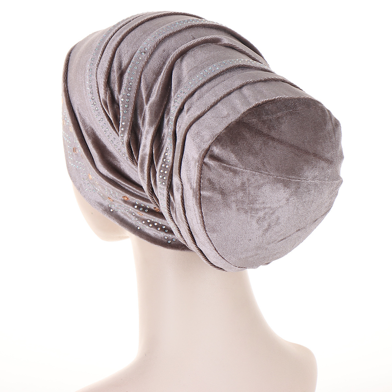 Women's Hats Gold Velvet Hot Diamond Turban Muslim Headscarf Folding Pile Hat In Stock_voghion.com