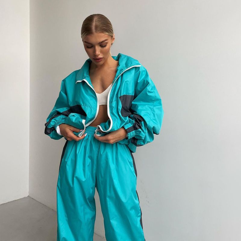 Women's Winter Sports Suit Zipper Color-Block Jacket Elastic Waist Floor-Length Pants Two-Piece Set Trendy Style_voghion.com