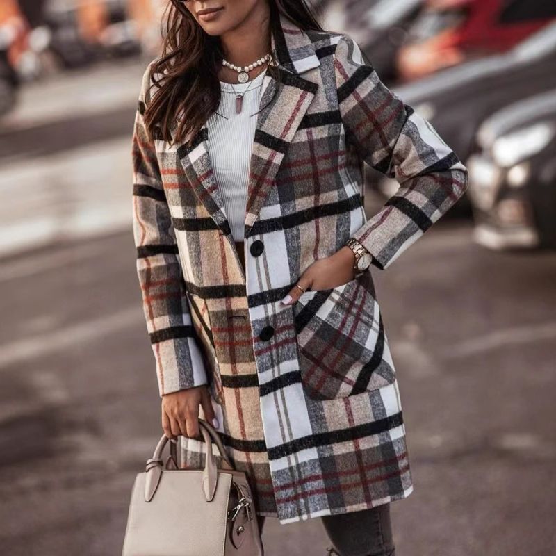 Women’s Long Wool Blend Trench Coat – Plaid Checkered Overcoat With Notched Lapel & Single-Breasted Button (S-XXXL, Black/White)_voghion.com