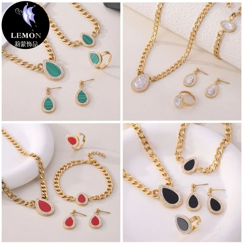 Collana con catena cubana in madreperla colorata e zirconi per donna, orecchini pendenti a goccia in acciaio al titanio, anello e bracciale_voghion.com