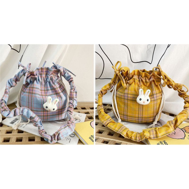 2024 Girls' Leisure New Crossbody Bag Checkered Canvas One Shoulder Bucket Bag Drawstring_voghion.com