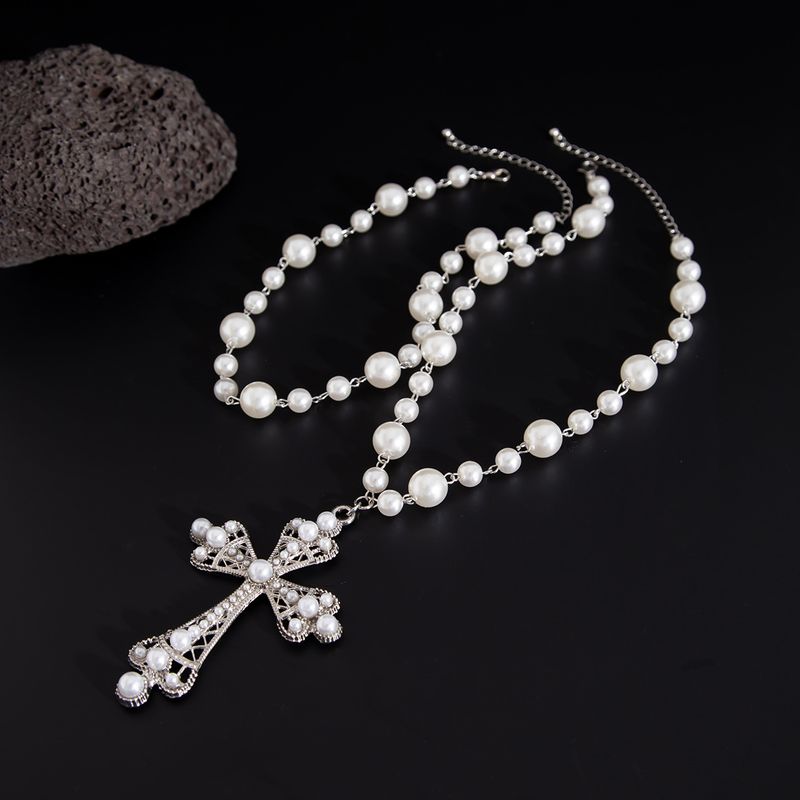 Europäische und amerikanische Verkaufsschlager-Perlenkreuzkette für Herren, hochwertige, mehrlagige Schlüsselbeinkette im Hip-Hop-Stil,_voghion.com