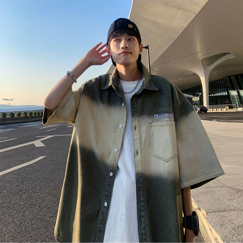 Men's Clothing Gradient Color Denim Short Sleeved Shirt Summer Jacket High Street Handsome Five Point Sleeves Trendy Half Sleeve Shirt_voghion.com