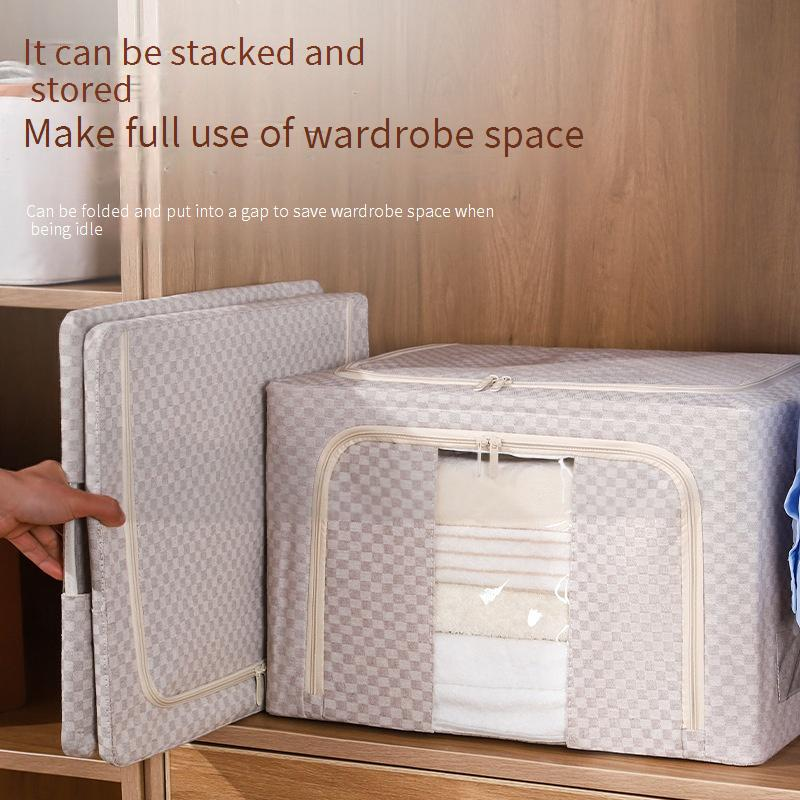 Plaid Fabric Storage Box Foldable Household Large Capacity Cotton And Linen Quilt Storage Clothing 5.0 Steel Frame Storage Box_voghion.com