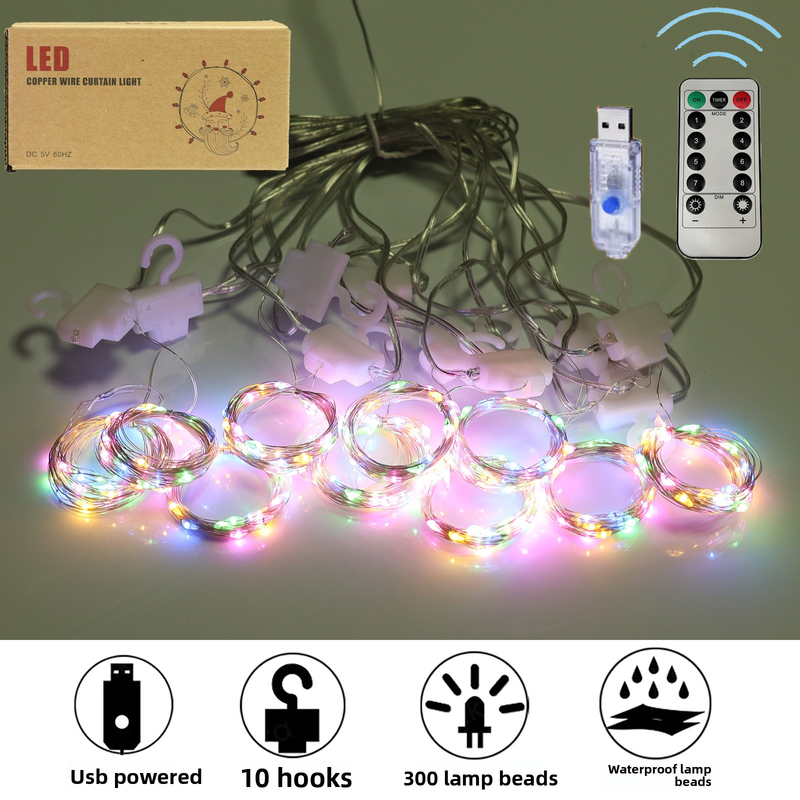 3 x 3 m Philips LED-Lichtervorhang – Lichterkette mit Fernbedienung und Timer, IP43 wasserdicht, 300 LEDs, USB-betrieben für Weihnachts- und Heimdekoration_voghion.com