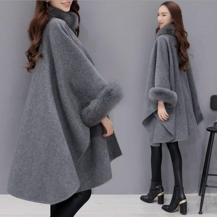 Women's Clothing Elegant Rabbit Fur Collar Long Wool Coat - Oversized Cape Cloak With Classic Hepburn Style (Black, Gray, Camel, S-5XL)_voghion.com