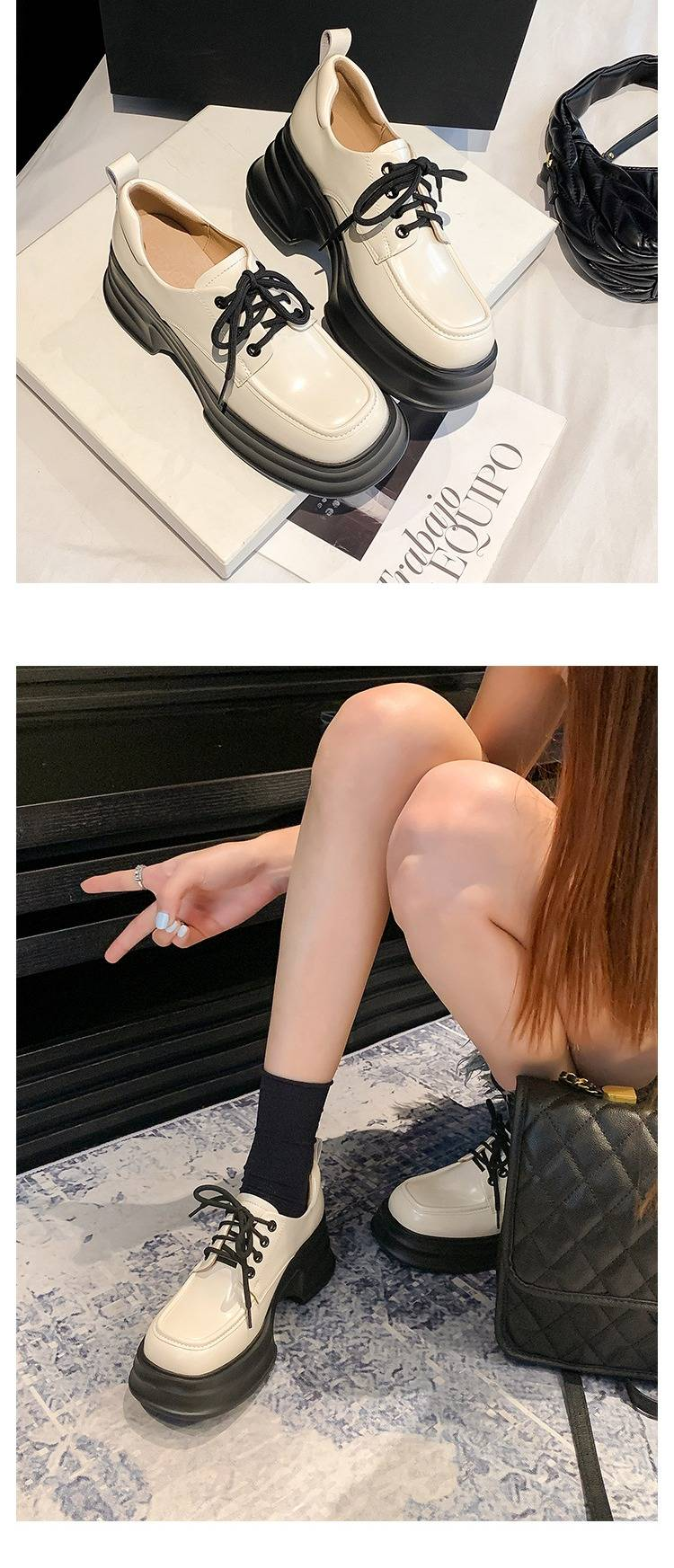 Mocassini stringati con suola spessa e rialzo nascosto sul tallone da donna - Scarpe Oxford in vera pelle con punta tonda per l'uso quotidiano_voghion.com