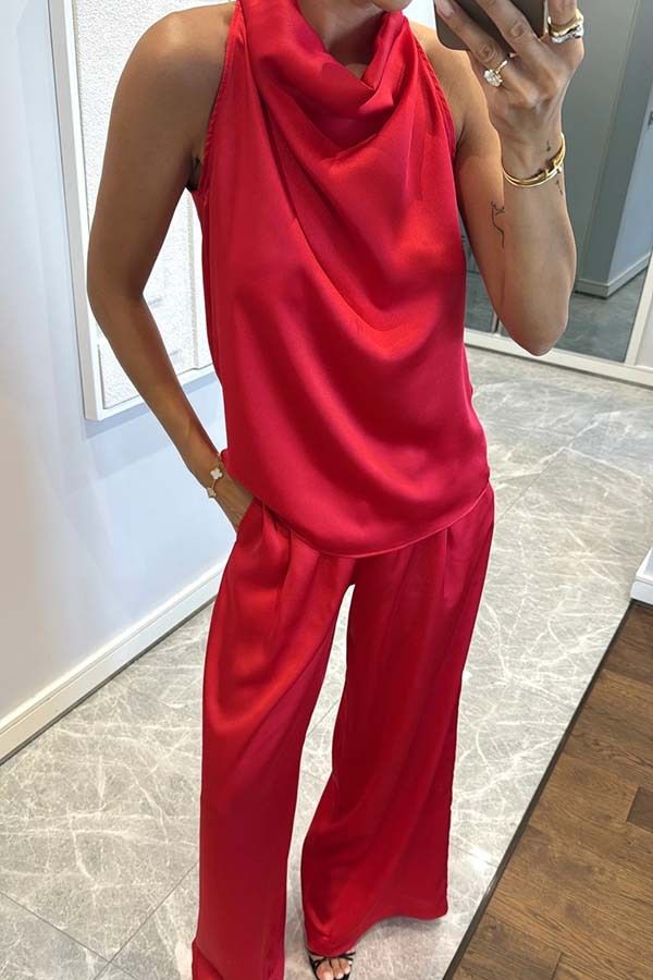 Completo da donna con pantaloni larghi e senza maniche in raso - Completo casual da due pezzi per le vacanze estive e l'uso quotidiano (colori multipli)_voghion.com