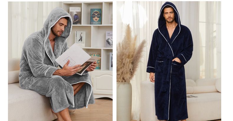 Bequeme Baumwollflanell-Schlafanzüge für Herbst und Winter, luxuriöse, offen gewebte Modelle für Paare, warme Herrenbademäntel, Nachtwäsche_voghion.com