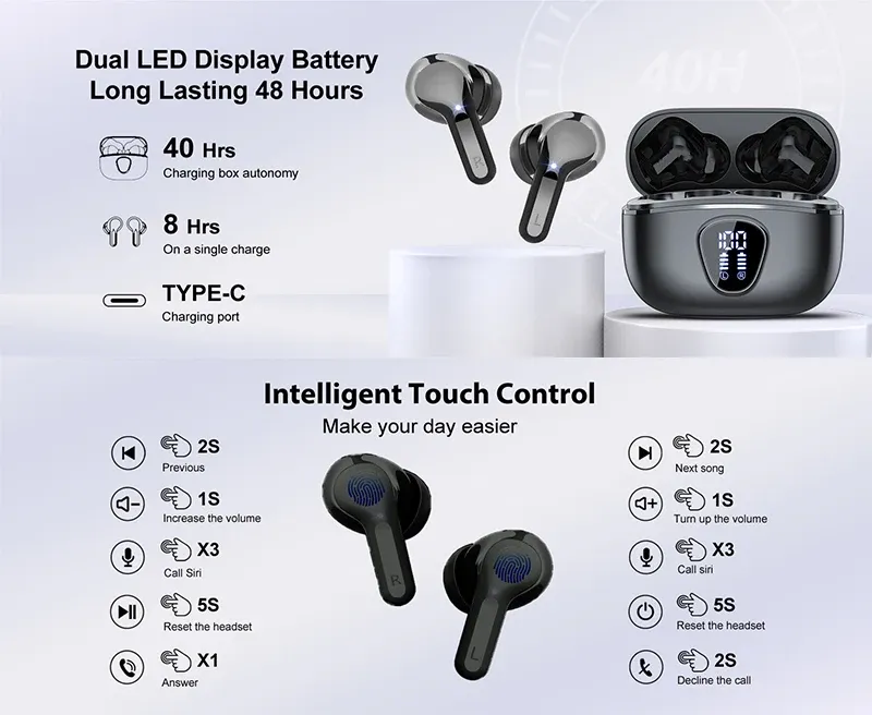 New Wireless Earbuds HiFi Stereo Headp BT5.3 With ENC Noise Cancelling 48H LED Display Ear Buds IP7 Waterproof_voghion.com