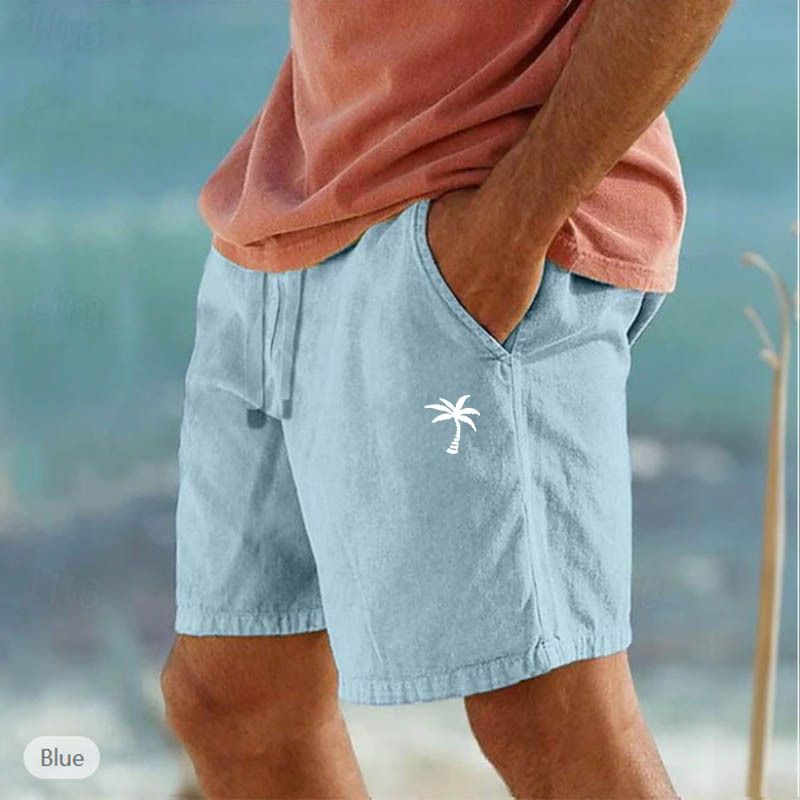 Pantaloncini in cotone e lino con stampa cocco, coulisse, elastico in vita, tinta unita, traspiranti, pantaloni casual da spiaggia a cinque punti_voghion.com