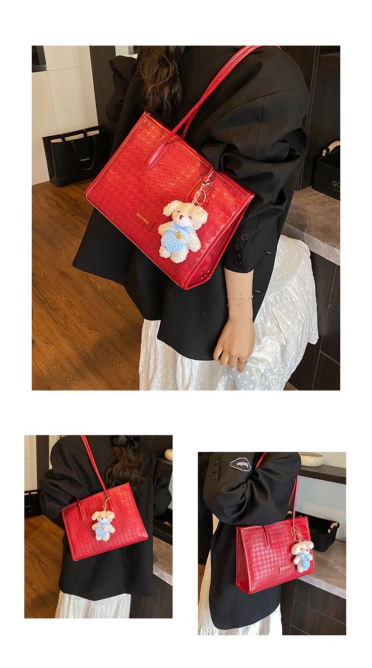 Elegante borsa tote pied de poule – Borsa a tracolla di media capacità per donna (pelle PU, doppi spallacci, chiusura con cerniera, finiture a contrasto, ciondolo staccabile)_voghion.com