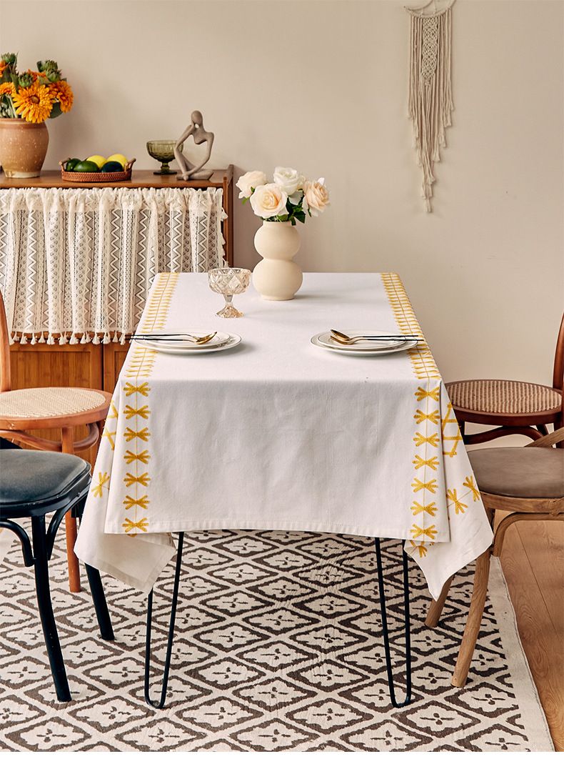 Tablecloth Yellow - Polycotton Embroidered With Cross/Arrow, Heat-Resistant & Wrinkle-Free, For Dining Table, Coffee Table Or Dorm Decor_voghion.com
