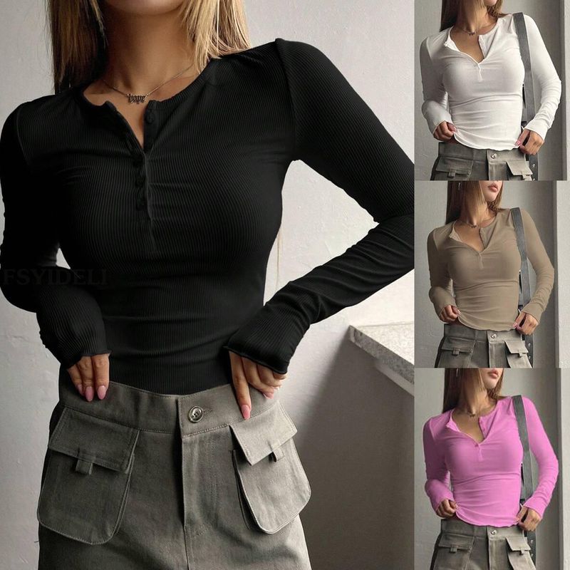 Women's Long Sleeve V-Neck Button Down Slim Fit Crop Top T-Shirt - Fall Fashion Basic Tee For Sexy & Stylish Look_voghion.com
