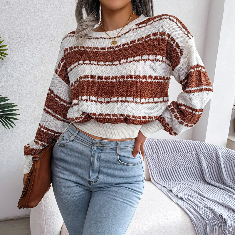 Ins Style 2025 Herbst Winter Mode Color-Block Langarm Strickpullover Damenbekleidung_voghion.com