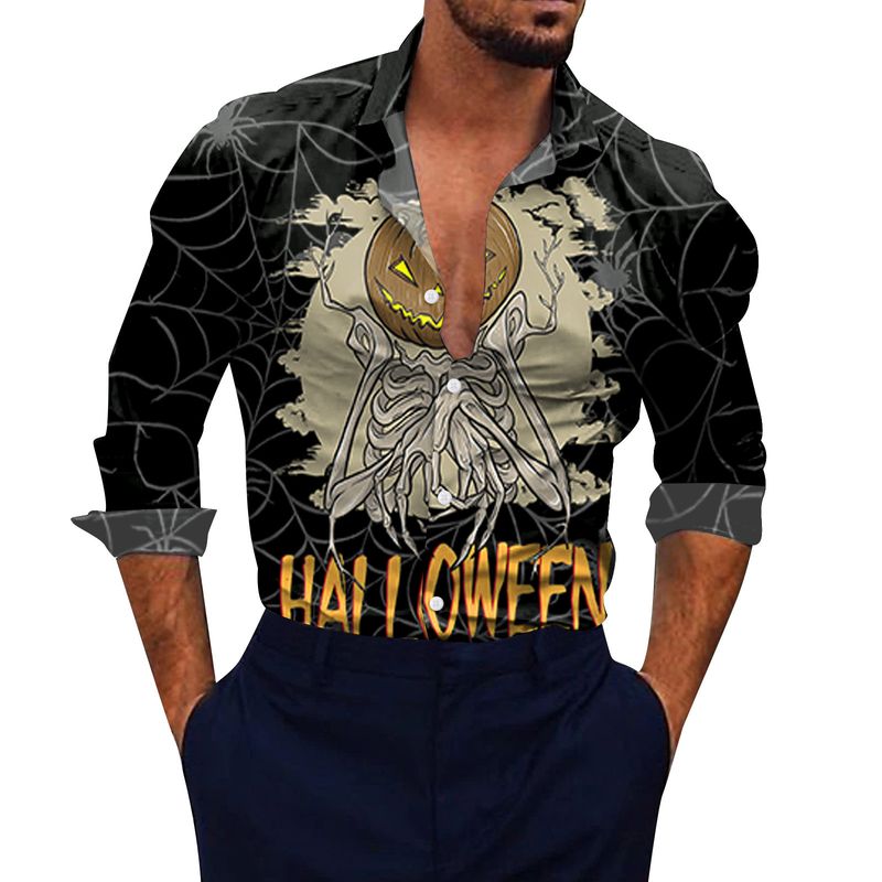 Chemise ample de plage imprimée en 3D à manches longues pour hommes, taille américaine, tête de citrouille chauve-souris Halloween_voghion.com