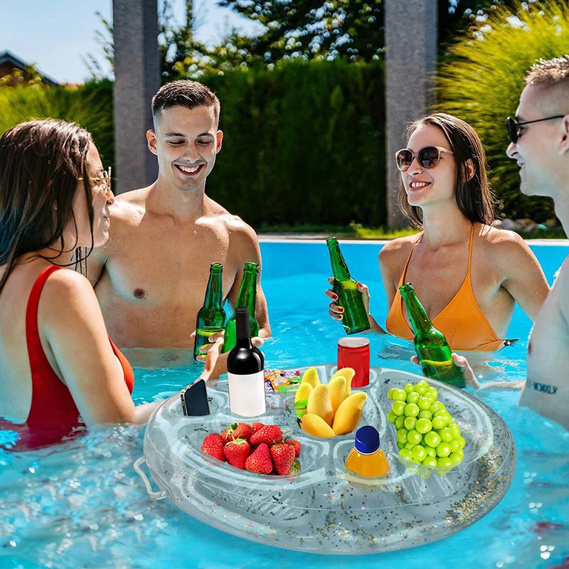 Inflatable Floating Thickened PVC Cooler & Drink Holder (Multi-Functional Design Fits 6 Cups + Ice Compartment Includes Repair Kit & Anchor Rope)_voghion.com