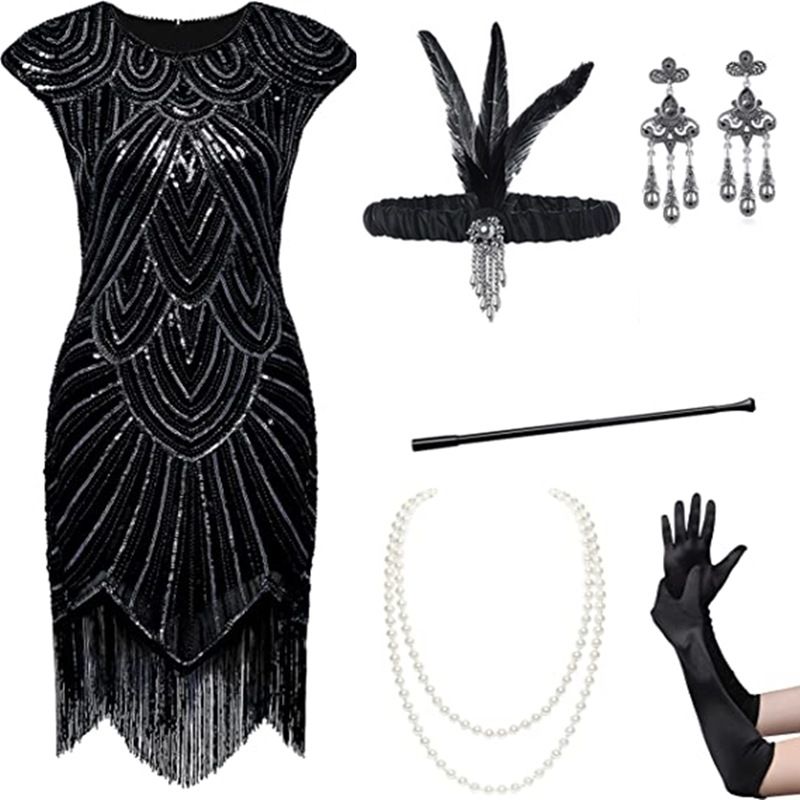 High quality 1920S sequined Gatsby dinner fringe dress accessories headwear set_voghion.com