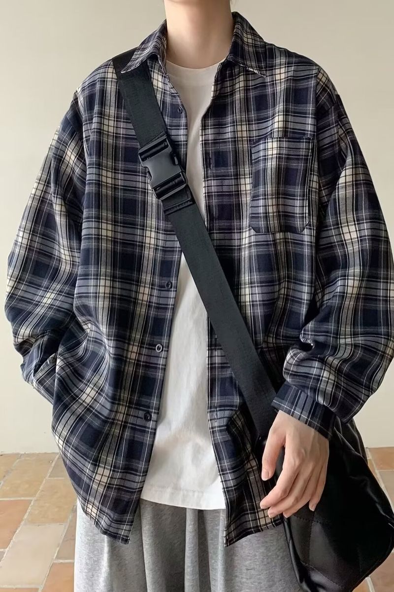 Camicia a quadri retrò per uomo, camicia casual ampia e di alta qualità a maniche lunghe per uomo_voghion.com