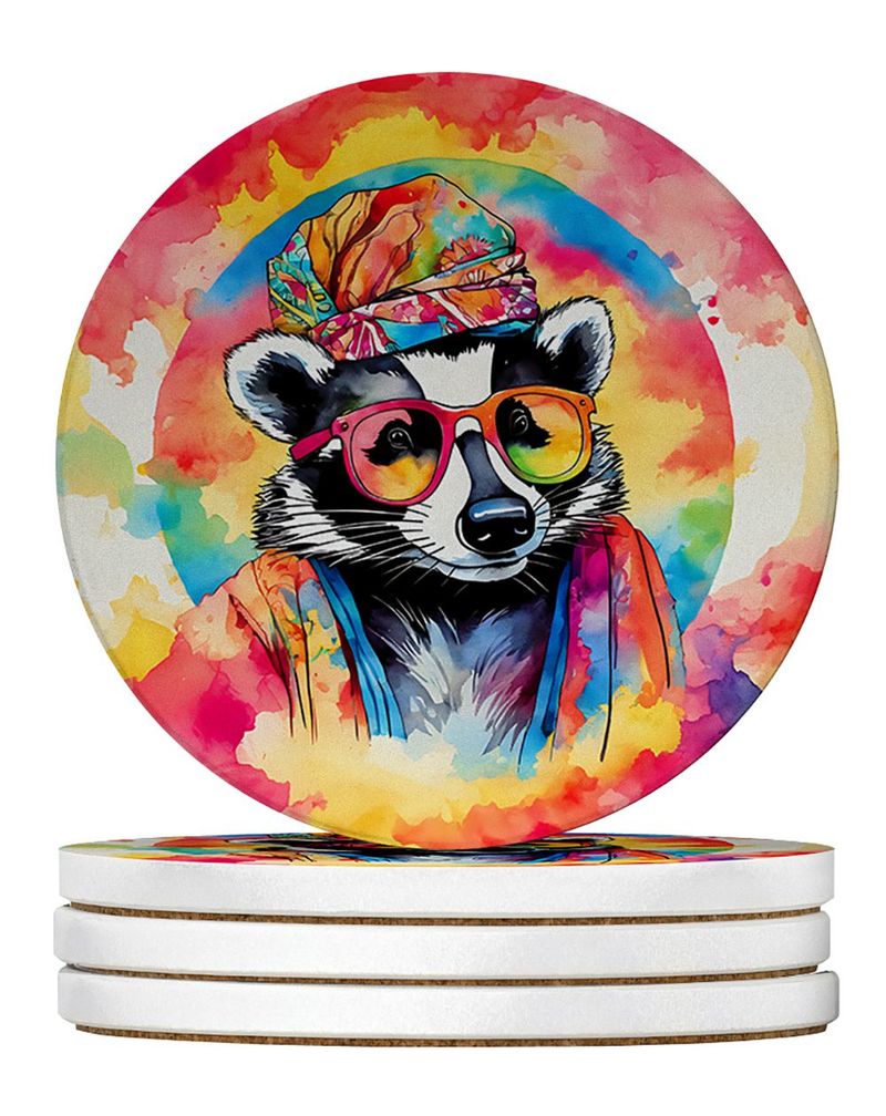Hippie Animal Badger Large Sandstone Coasters Pack Of 4 Absorbent Round Coasters Decor Gifts For Men Or Women, 4 In, Multicolor_voghion.com