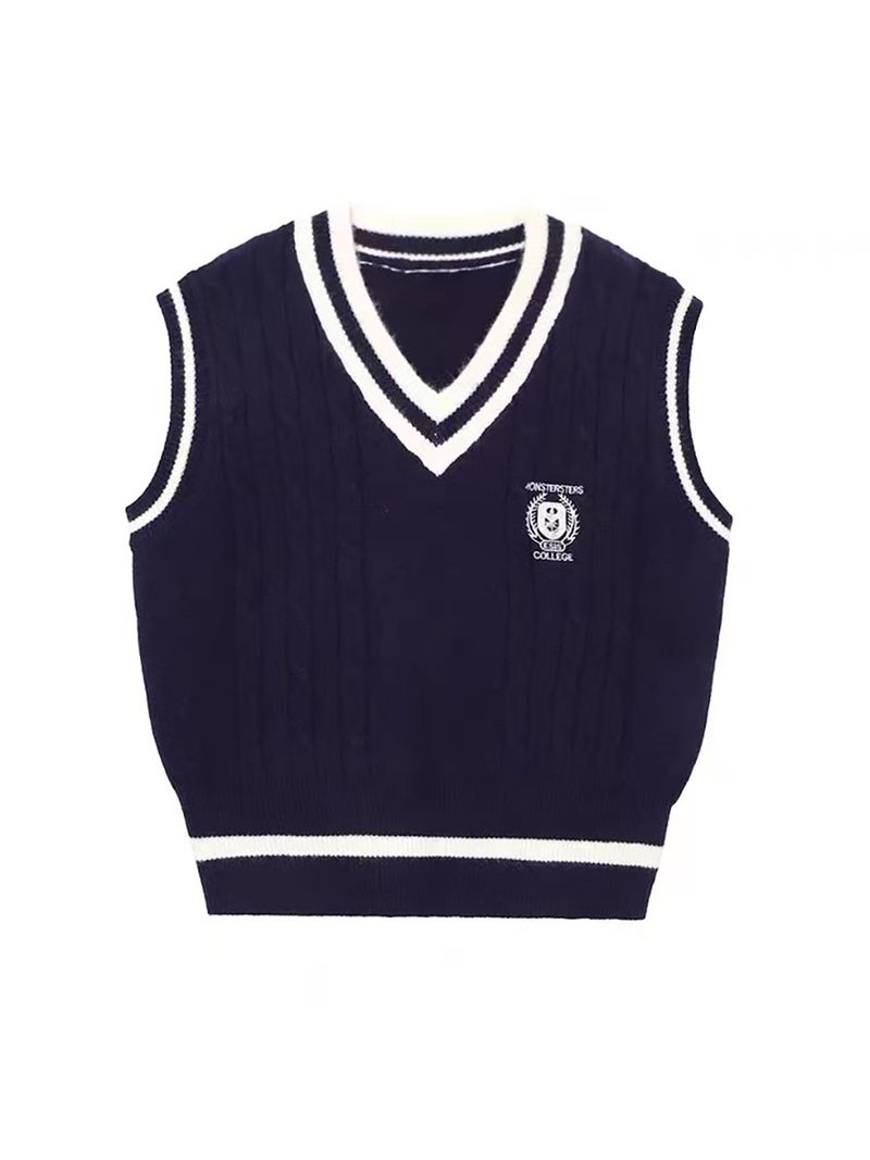 College stijl 2022 herfst en winter nieuw item, schoudervouw gebreid vest, badge, geborduurde bovenkleding, dames_voghion.com