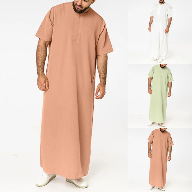 2025 Muslim Men Jubba Thobe Fixed Button Kimono Middle Robe Saudi Muslim Man Shirt Stand Collar Islamic Arab Kaftan Men Abayas_voghion.com