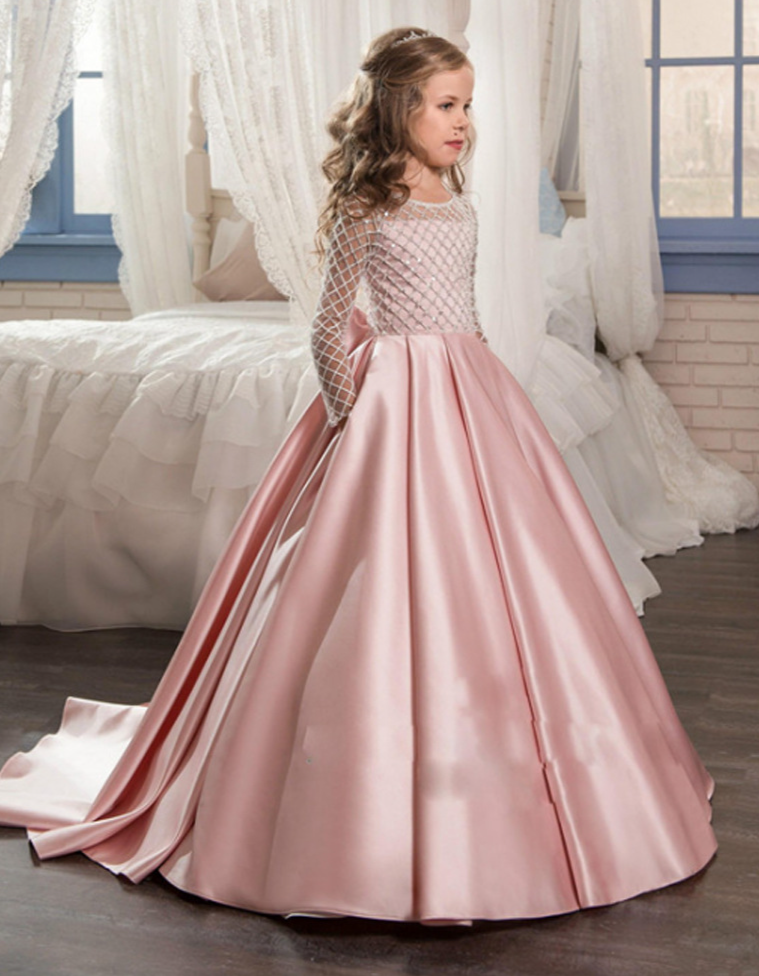 Kinderkleidung Kinderkleid Mädchen Spitze Satinschleife kleine Schleppe Blumenmädchen Prinzessin Rock neue Kinderkleidung_voghion.com