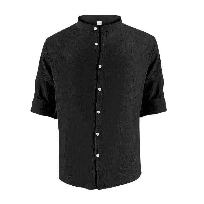 Camicia hawaiana a maniche lunghe, semplice, casual, in lino, traspirante, da uomo, estiva, con pantaloncini da spiaggia._voghion.com