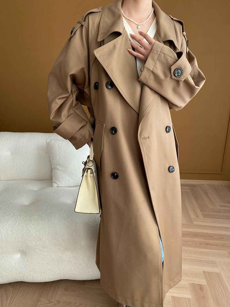 Trench lungo doppiopetto minimalista di lusso da donna, antipiega, per autunno inverno_voghion.com
