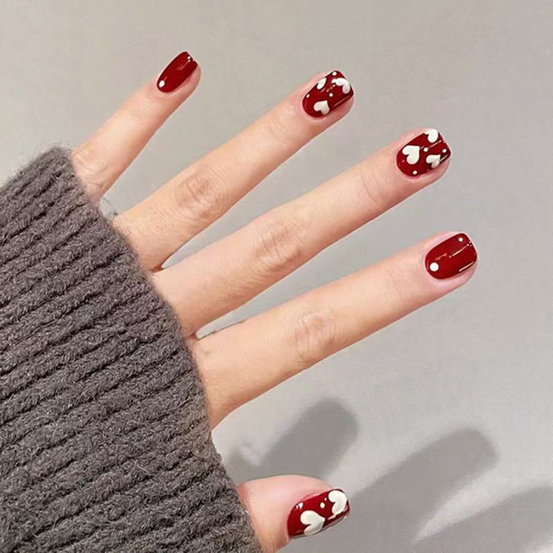 Unghie finte semplici, rosso vino, ragazza delicata, amore, sbiancamento, adesivi per nail art versatili, smontaggio e applicazione, adesivi per nail art, 24 pezzi_voghion.com