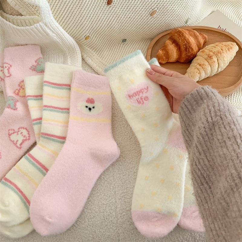 Calcetines de polar para mujer con rayas de dibujos animados, suaves y cálidos, de media pantorrilla, para invierno, primavera y otoño, cómodos, de mezcla de algodón._voghion.com