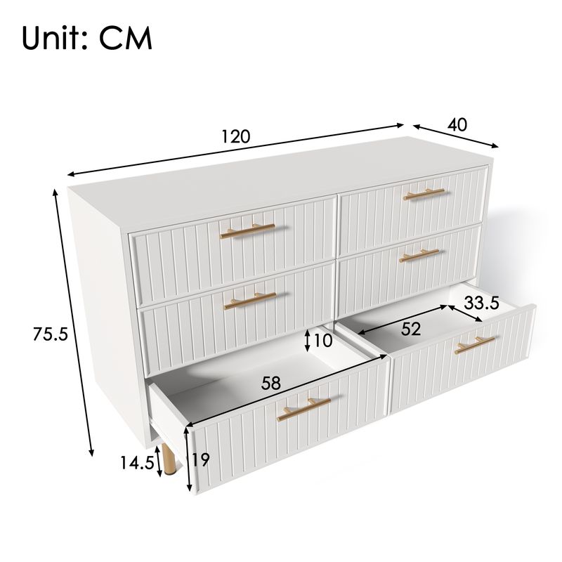 Commode 6 tiroirs, meuble haut blanc pour chambre et salon, 75 x 120 x 40 cm_voghion.com